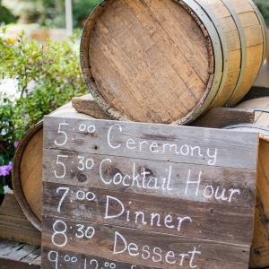 Wine barrels and wooden timeline sign