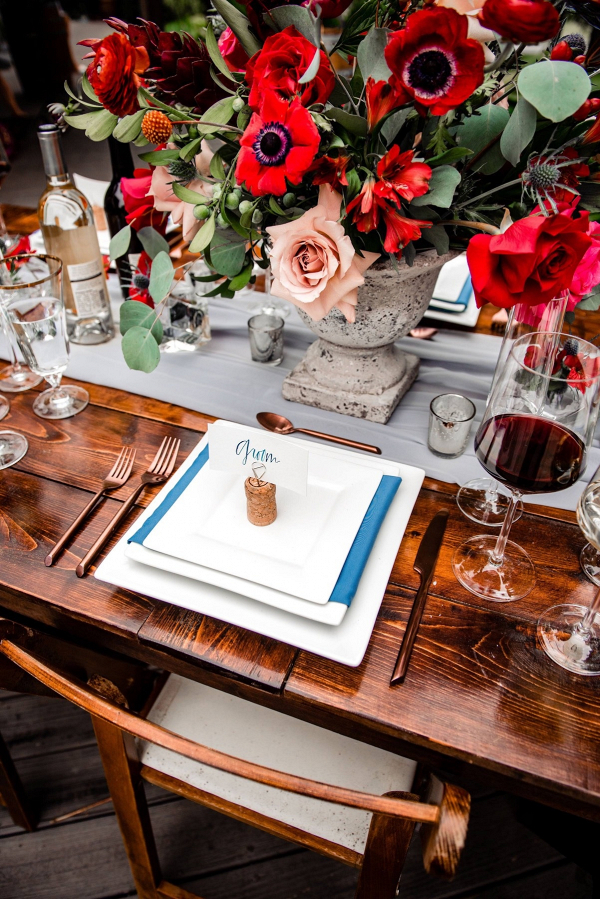 Red and blue wedding tablescape