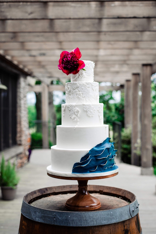 Red and blue wedding cake with lace detailing