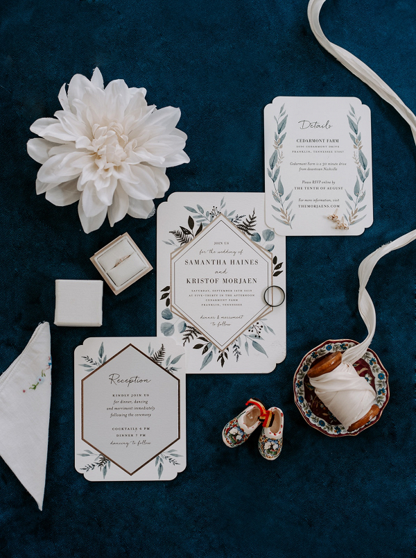 Blue greenery wedding invitation suite