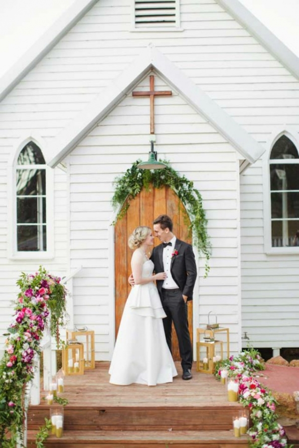 Bride & Groom With Little White Church