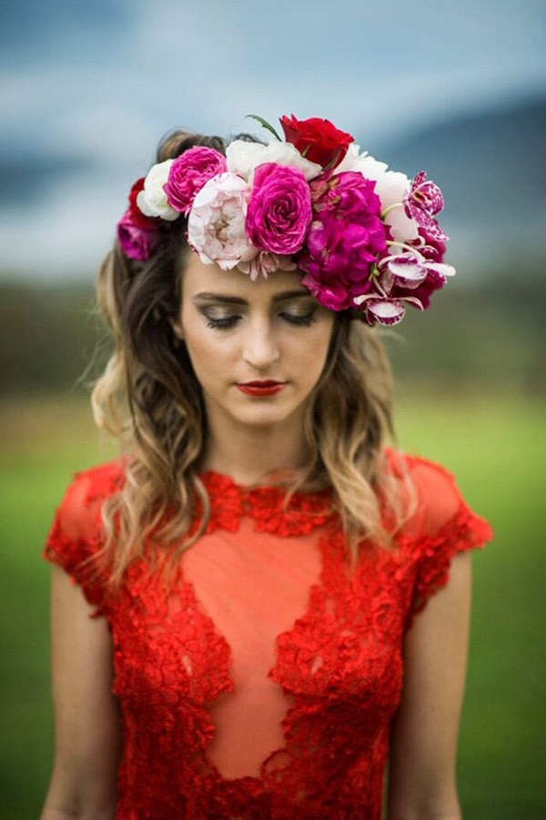 Bride In Red Dress With Pink Flower Crown