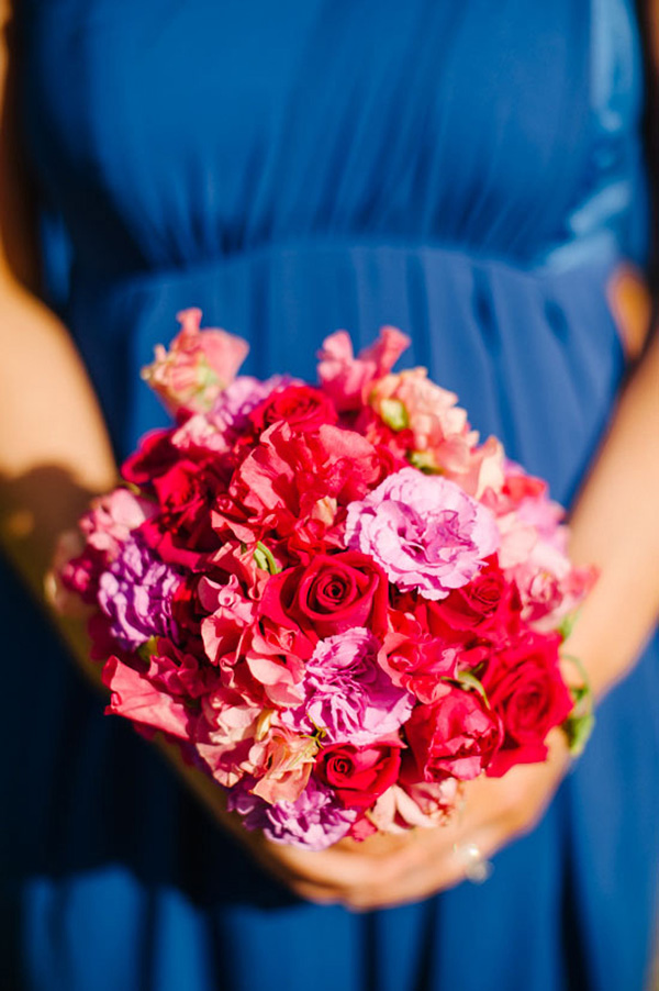 Hot Pink Wedding Bouquet With Blue Dress