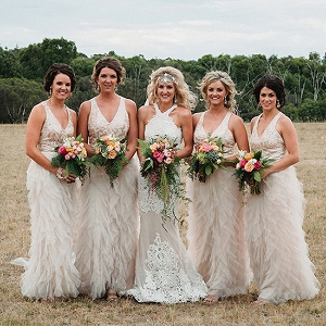 Bridesmaids In Feather Like Dresses