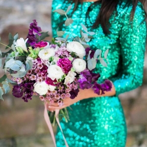 Emerald Green Sequin Gown With Magenta Bouquet