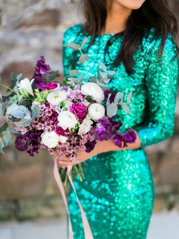 Emerald Green Sequin Gown With Magenta Bouquet