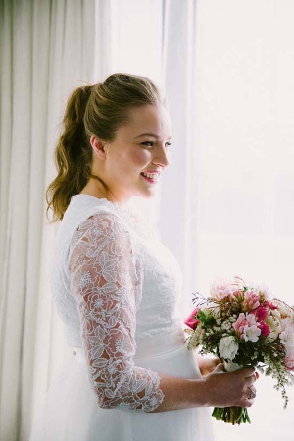 Bride With Ponytail & Pink Bouquet