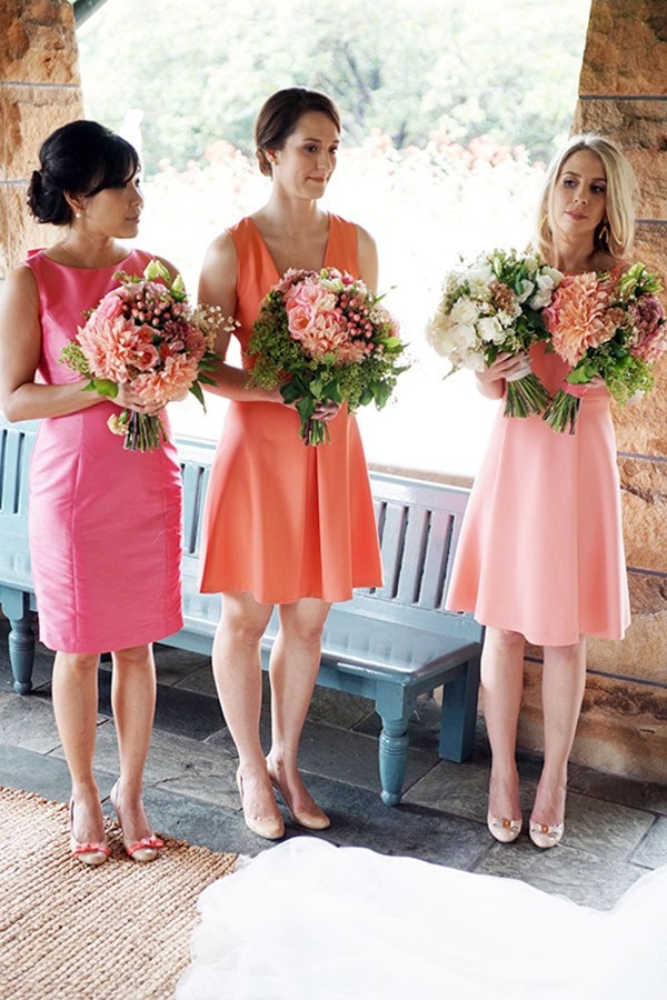 Bridesmaids In Peach & Pink Dresses