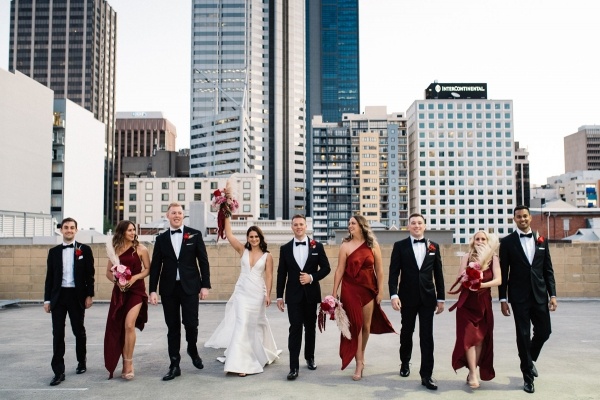 Red, black, and white bridal party