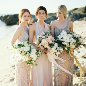 Bridesmaids On Beach In Taupe Gowns
