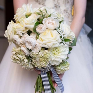 White Bouquet With Striped Ribbon