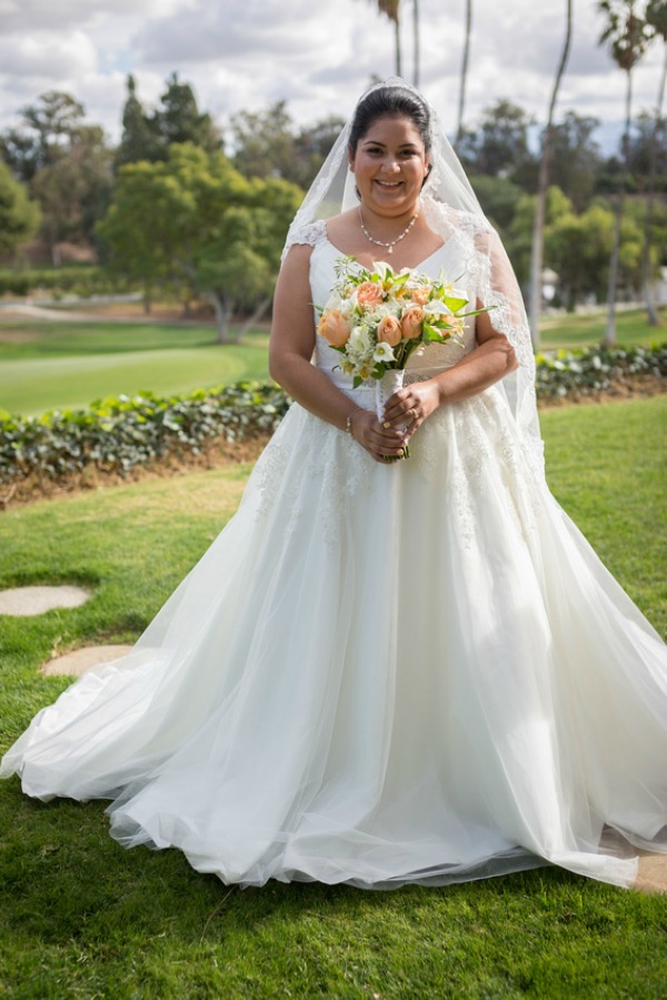 plus size bride, A-line tulle dress, cap sleeves, peach flowers 