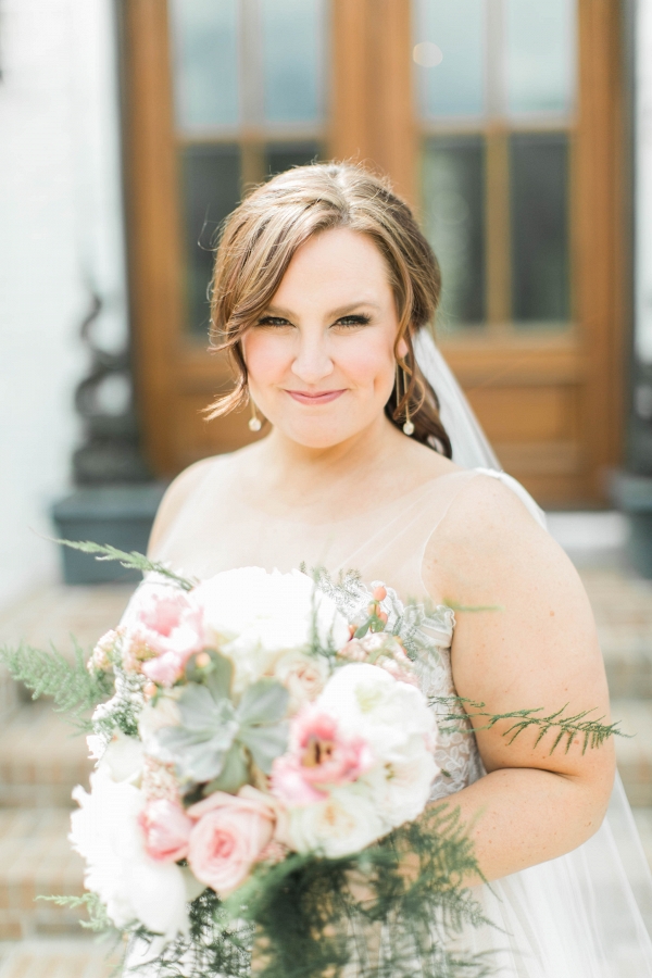 plus size bride, pinks, peaches, greens, watters wedding gown 