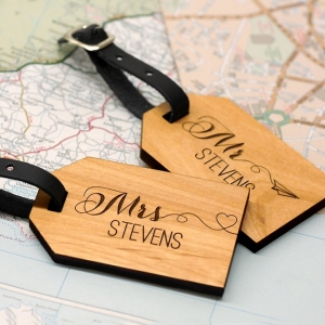 Wooden, Personalized Mr + Mrs Luggage Tags by Maria Allen, $50