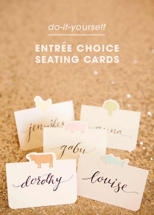 Adorable idea for wedding seating cards with the guests entrée choice!