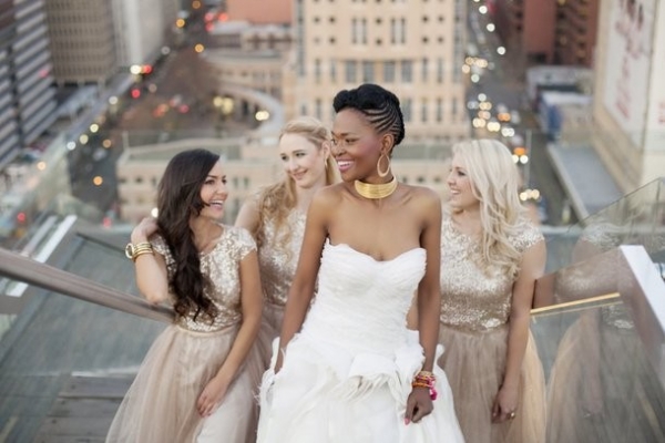 Bridesmaids in gold sequin dresses