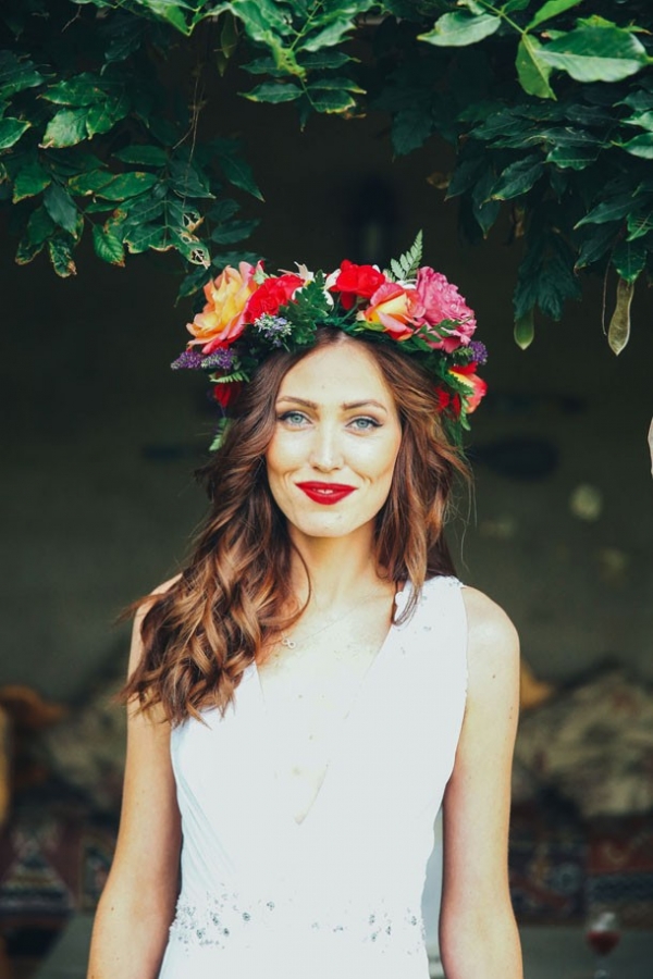 Boho bride in colorful flower crown