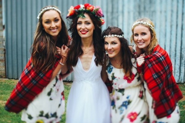 Boho bridesmaids in floral print dresses