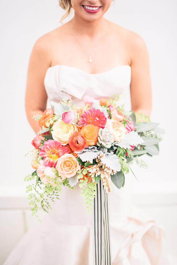 Peach & Coral Bouquet with Striped Ribbon