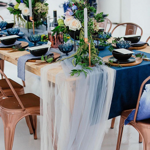 Blue and Copper Wedding Table Decor