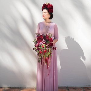 Bride in Pink Dress with Frida Kahlo Headpiece