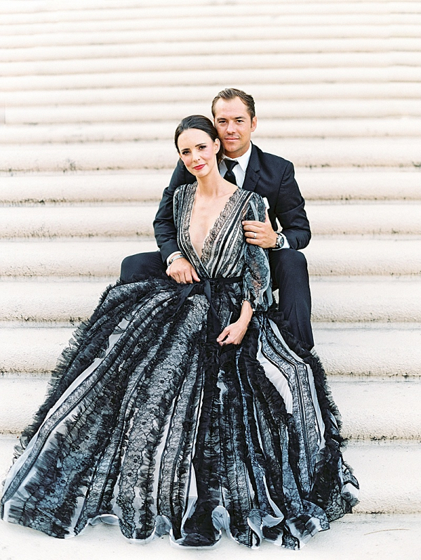 Black and white Marchesa gown for elegant anniversary portraits