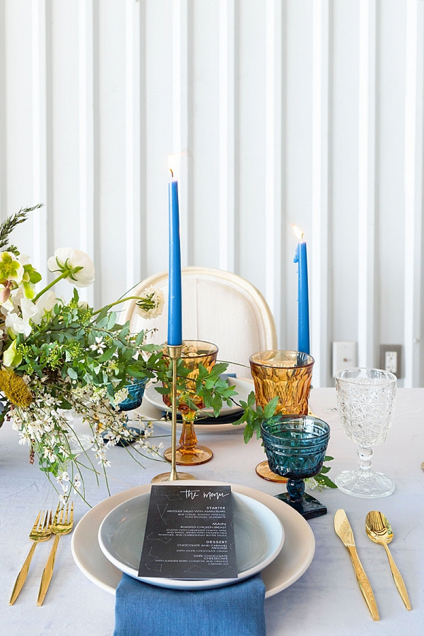 Blue and yellow constellation wedding table design