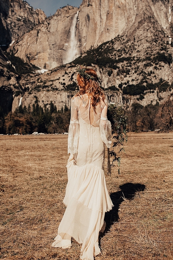 Bride in Lace Wedding Dress in Yosemite National Park