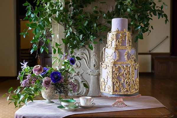 Glam purple and gold wedding cake