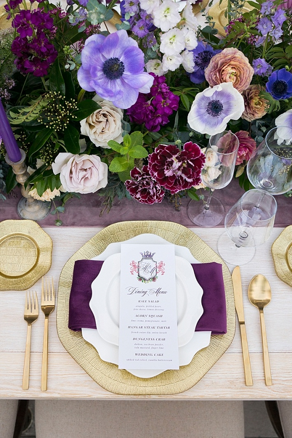 Elegant purple and gold place setting