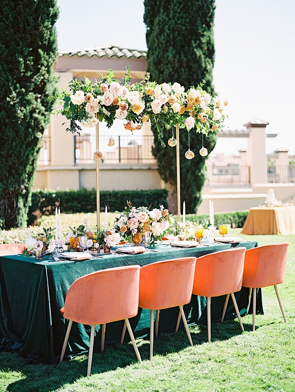 Luxe teal and coral wedding table