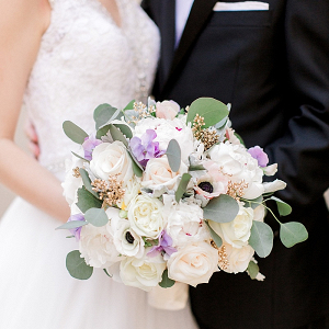 White and purple bridal bouquet