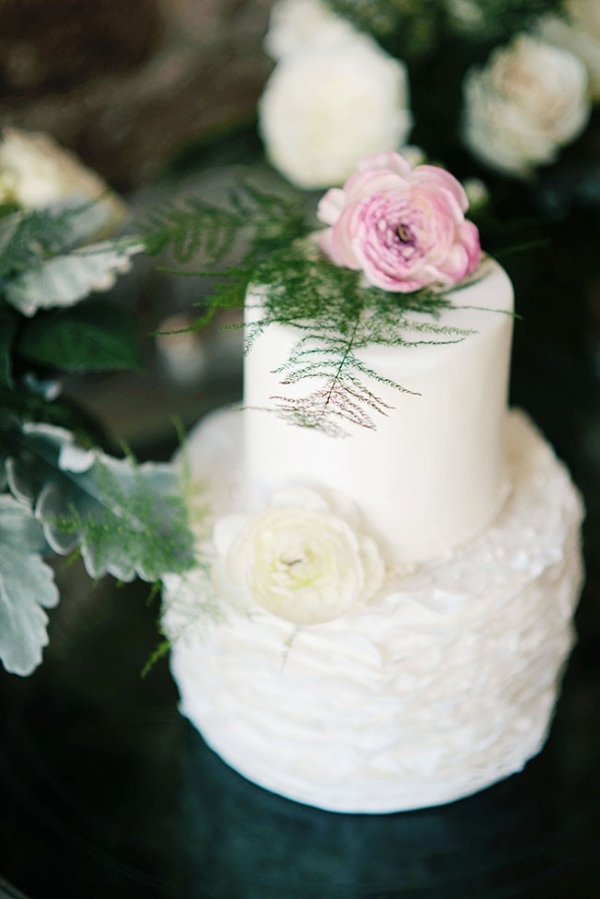 Ruffled Wedding Cake With a Vintage Rustic Touch Accented By Real Flowers Ali McLaughlin Photography
