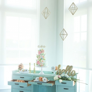 Wedding Dessert Table In Robin's Egg Blue With Suspended Geometric Decor