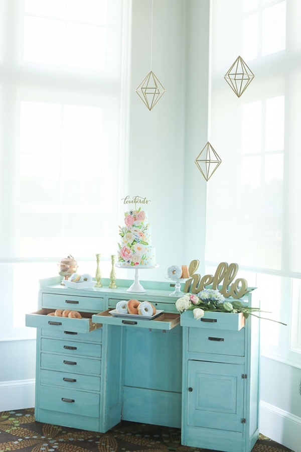 Wedding Dessert Table In Robin's Egg Blue With Suspended Geometric Decor