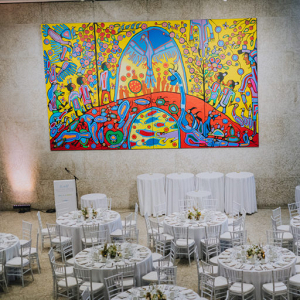 Reception setting with a wall painting
