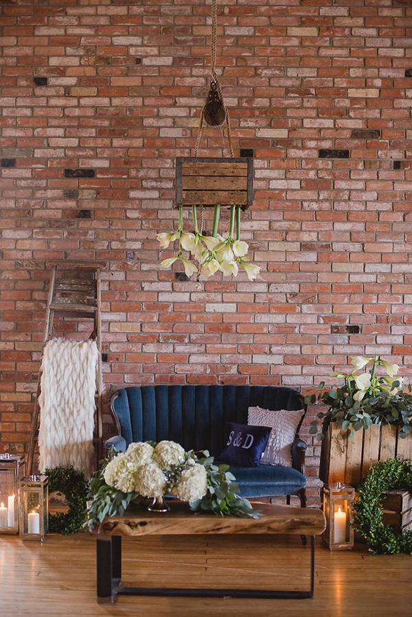 Cozy Chic Vintage Decor Lounge Featuring Suspended Flowers Wendy Alana Photography
