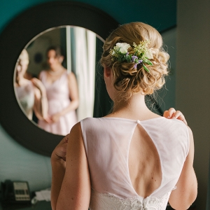 Swept Up Wedding Hair Accented by Fresh Flowers Eileen Meny Photography