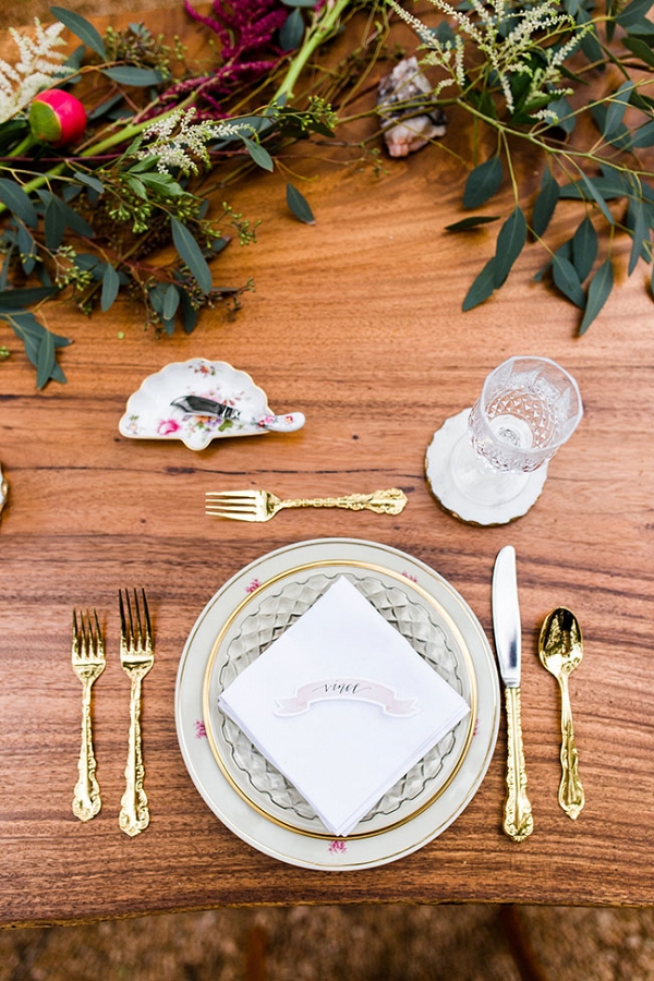 Place Setting Showcasing A Mix Of Floral Meets Gold Rim China Twin Lens Weddings