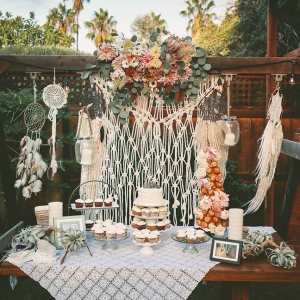 Bohemian Backyard Wedding Dessert Table Macrame Backdrop Dreamcatchers Air Plants