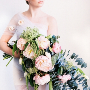 Oversized bouquet of peonies, French tulips, eucalyptus, trailing amaranthus, and Queen Anne's lace