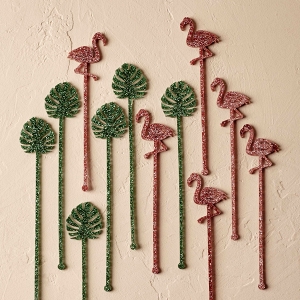 Tropical Swizzle Sticks with Flamingos and Palm Fronds