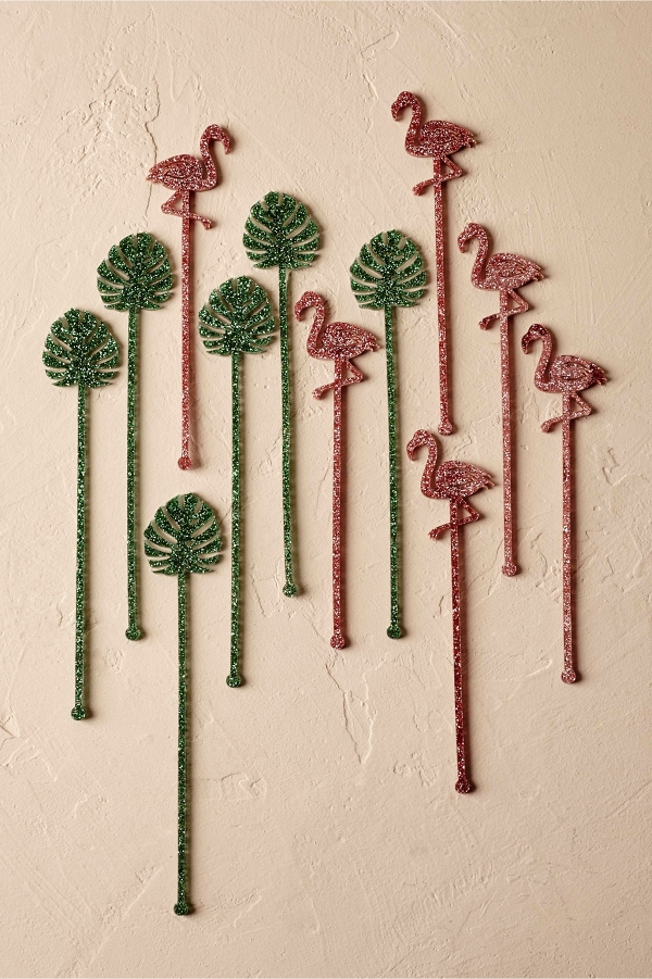 Tropical Swizzle Sticks with Flamingos and Palm Fronds