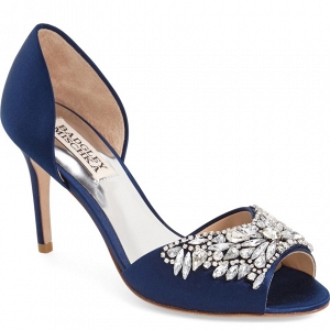 Blue satin bridal shoes with a crystal embellishment