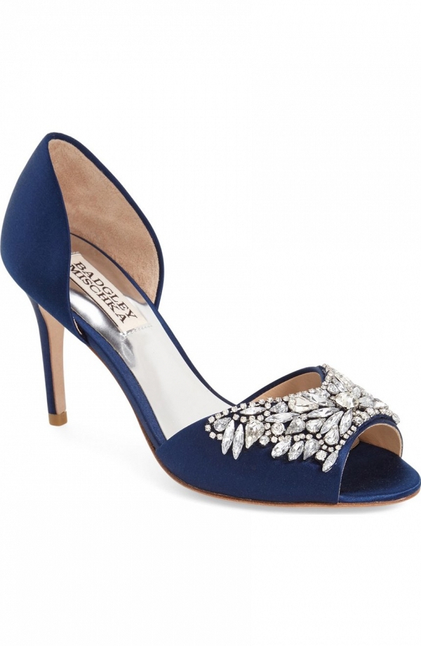Blue satin bridal shoes with a crystal embellishment