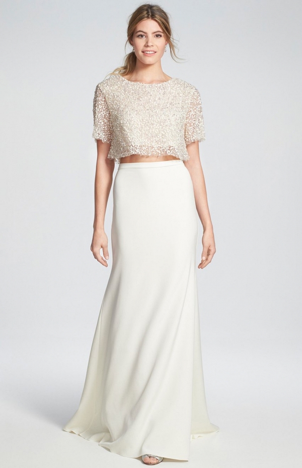 Sequined crop top with a crepe trumpet skirt