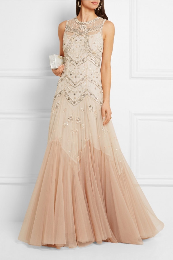 Embellished and embroidered tulle gown in a peach hue