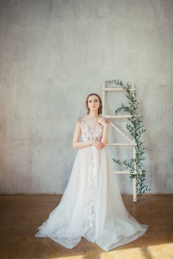 Rose silk and tulle wedding dress
