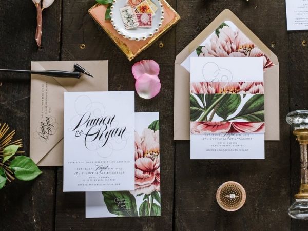 Peony-inspired wedding invitation suite