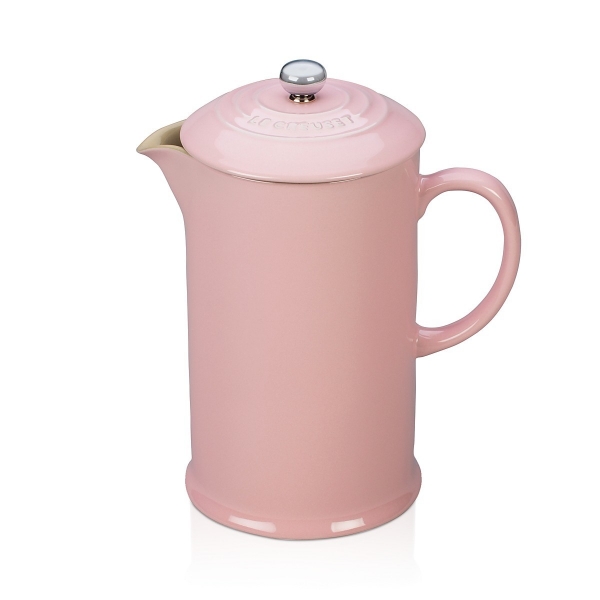 Pastel pink ceramic French press from Le Creuset